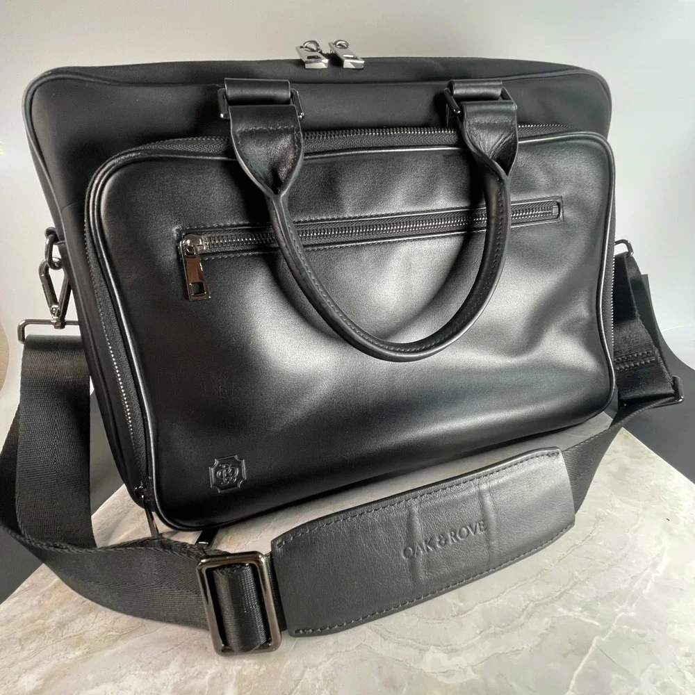 Sleek Oak & Rove Briefcase Mens Black Leather Laptop Bag Messenger Travel Carry